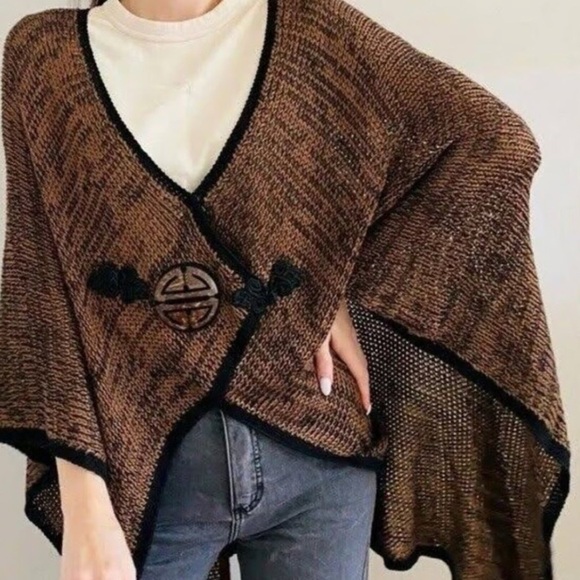 Soft Surroundings 24253 Mei Ling Brown & Black Sweater Cape Poncho One Size - Picture 2 of 5